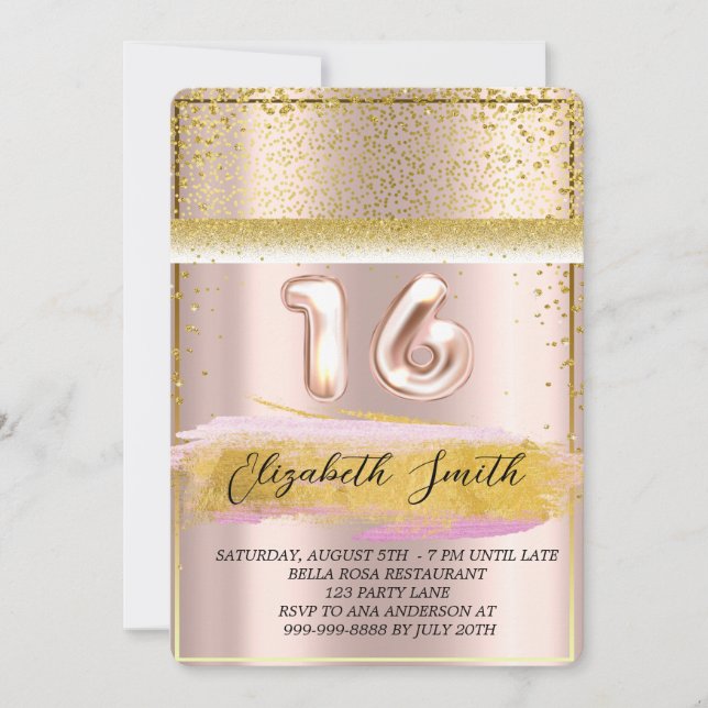 Guld elegance, ro guld sweet sixteen bjudande in inbjudningar (Framsida)
