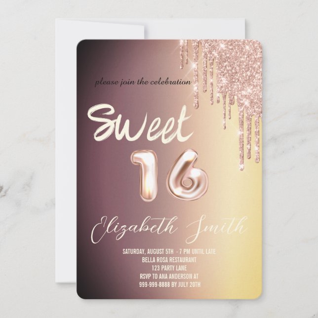 Guld elegance, ro guld sweet sixteen inbjudningar (Framsida)