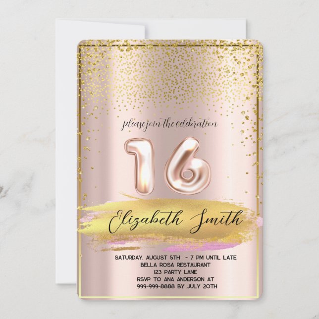 Guld elegance, ro guld sweet sixteen inbjudningar (Framsida)
