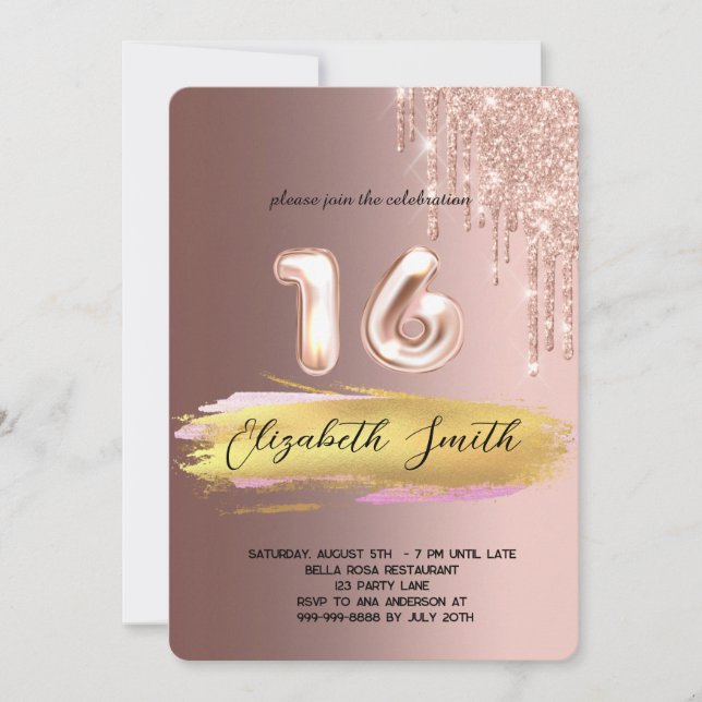 Guld elegance, ro guld sweet sixteen inbjudningar (Framsida)