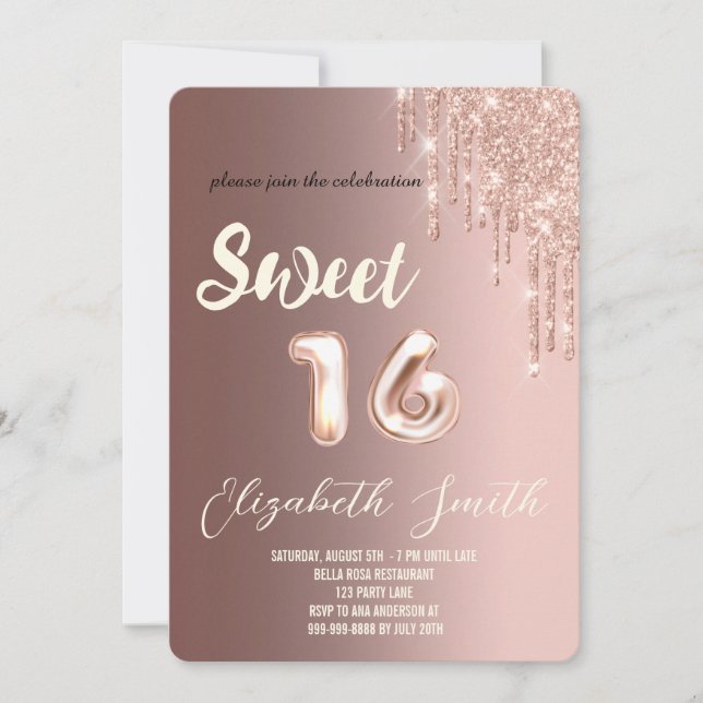 Guld elegance, ro guld sweet sixteen inbjudningar (Framsida)