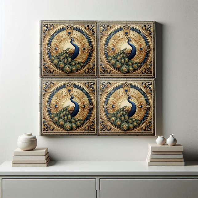 Guld Elegans Majestätisk Påfågel Fjäder Art Deco Kakelplatta (Golden Elegance Majestic Peacock Feather Art Deco Ceramic Tile)
