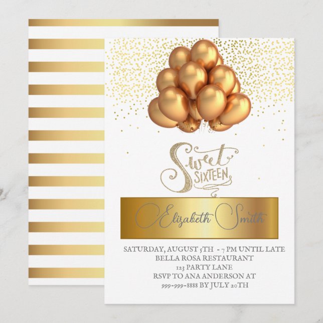 Guld elegans, sweet sixteen inbjudan (Fram/baksida)