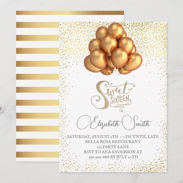 Guld elegans, sweet sixteen inbjudan (Fram/baksida)