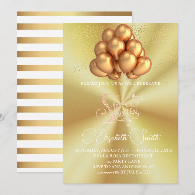 Guld elegans, sweet sixteen inbjudan (Fram/baksida)