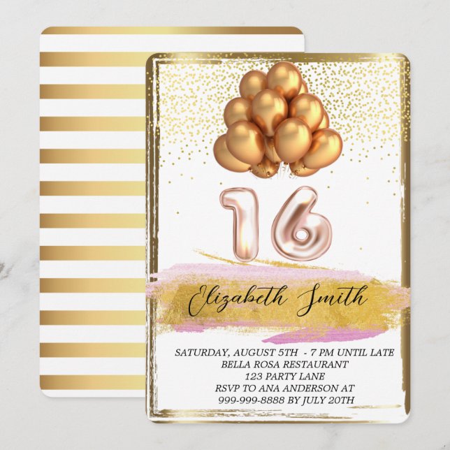Guld elegans, sweet sixteen inbjudan (Fram/baksida)