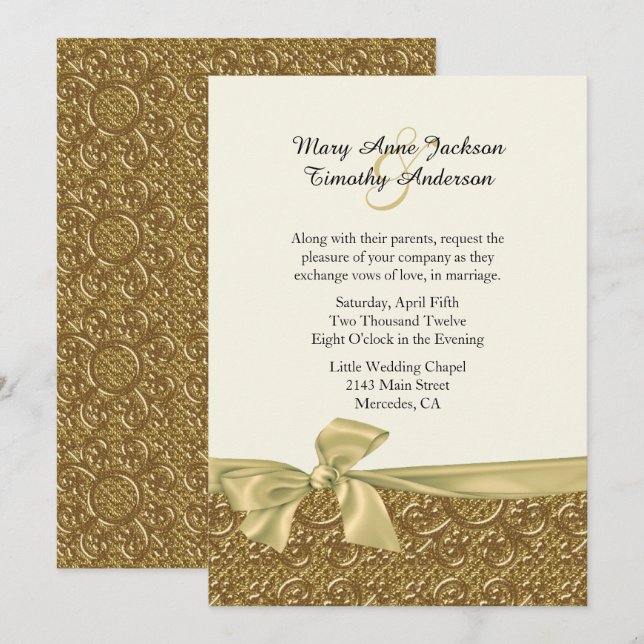Guld- eleganspersonligt bröllpinbjudan inbjudningar (Fram/baksida)