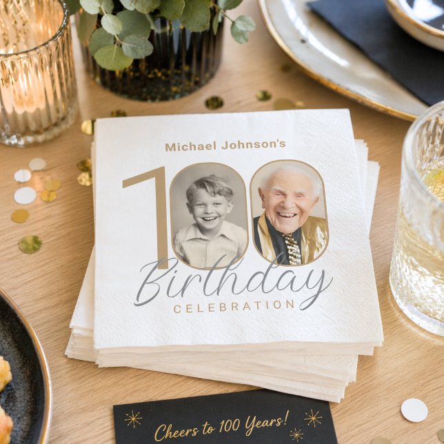 Guld Elegant Anpassad Foto 100-årsdag Pappersservett (Gold Elegant Custom Photo 100th Birthday Napkins)