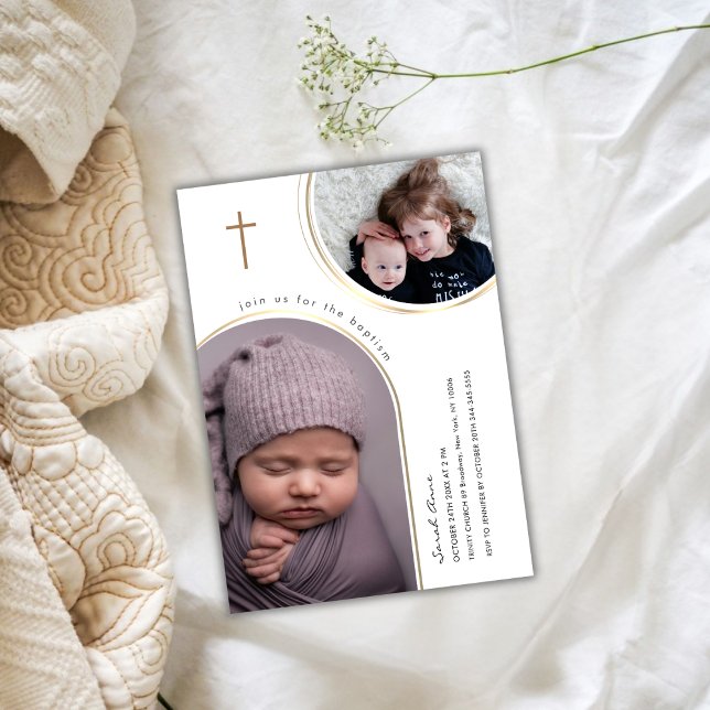 Guld Elegant Arch Kor Multi Photo Baptism Inbjudningar (Gold Elegant Arch Cross Multi Photo Baptism Invitation)