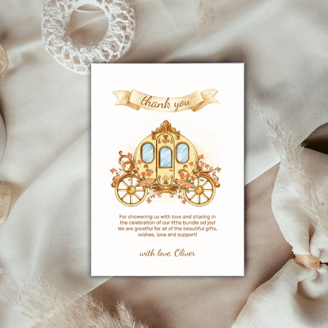 Guld Elegant Blomster Prins Vagn Bebis Duschar  Tack Kort (Gold Elegant Flower Prince Carriage Baby Shower Thank You Card)