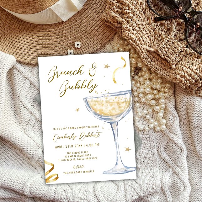 Guld Elegant Brunch BubLY Champagne Baby Shower Inbjudningar (Gold Elegant Brunch Bubbly Champagne Baby Shower Invitation)