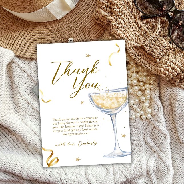 Guld Elegant Brunch BubLY Champagne Baby Shower Tack Kort (Gold Elegant Brunch Bubbly Champagne Baby Shower Thank You Card)