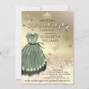 Guld elegant butterfly Grönt dress Quinceañera Inbjudningar