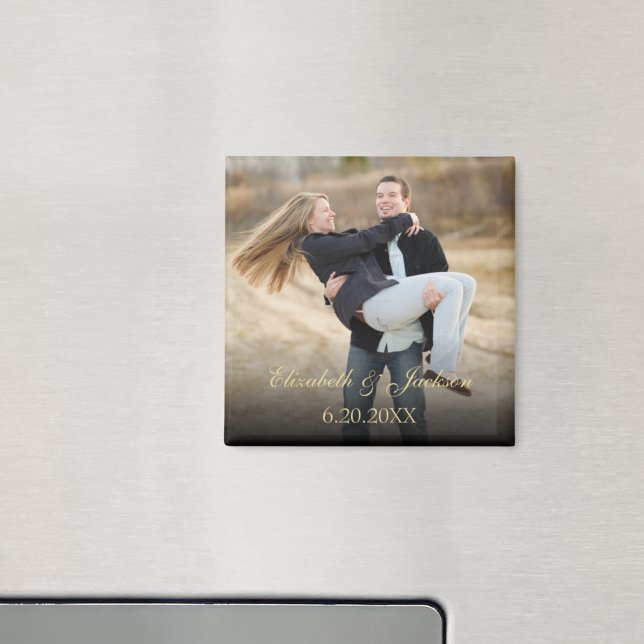 Guld Elegant Calligraphy Bröllop Photo Magnet (Wedding Save the Date Magnet)