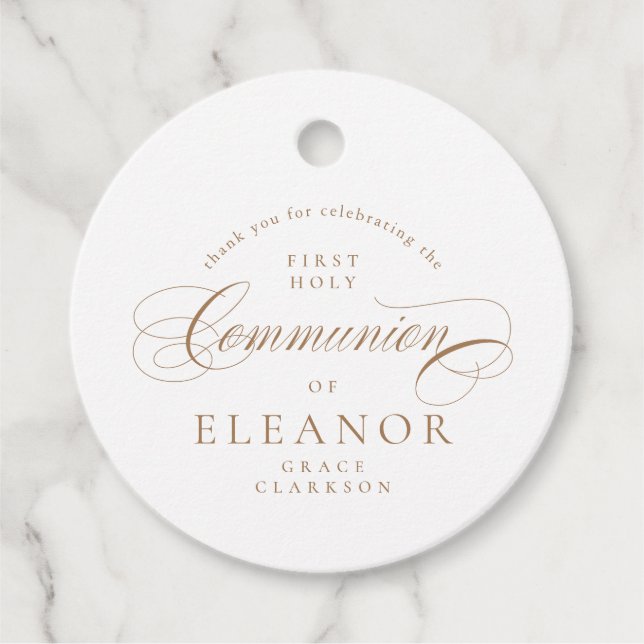 Guld Elegant Calligraphy First Communion Tack Gåvor Etiketter (Framsida)