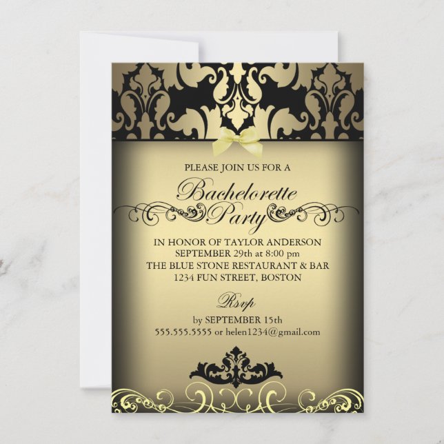 Guld Elegant Damask Bachelorette Party Inbjudan (Framsida)