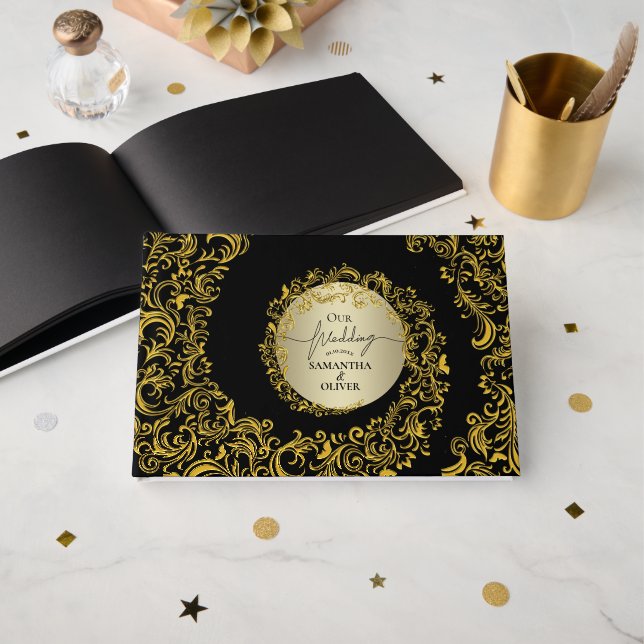 Guld Elegant Damask Bröllop Gästböcker (Framsida öppen)