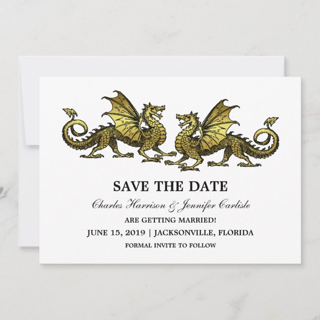 Guld Elegant Dragons Save Date Inbjudan (Framsida)