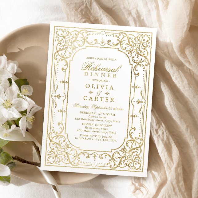 Guld elegant eller vintage repetitionsmiddag för  inbjudningar (Gold elegant ornate vintage rehearsal dinner invitation)
