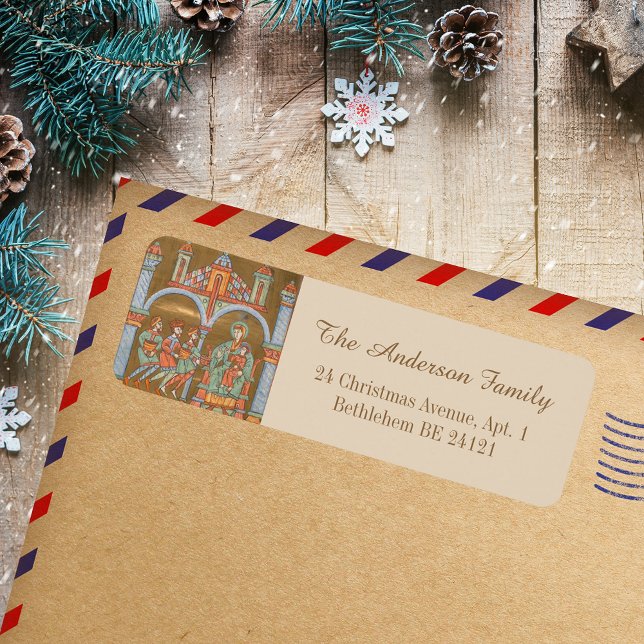 Guld Elegant Epiphany jul Ntivity Medieval Returadress Etikett (Gold Elegant Religious Epiphany Christmas Nativity Scene Medieval Holiday Return Address Label)