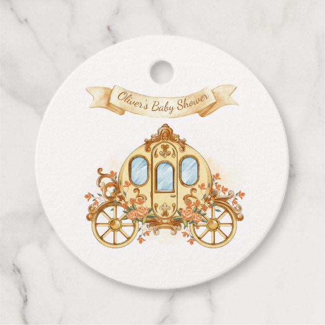 Guld Elegant Flower Prince Carriage Baby Shower Gåvor Etiketter (Framsida)