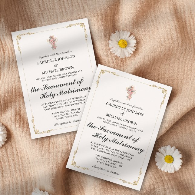 Guld Elegant Gräns Nuptial Mass White Inbjudningar (Skapare uppladdad)