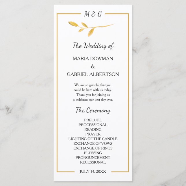 Guld elegant gren. Trendig-typografi Bröllop Program (Framsida)