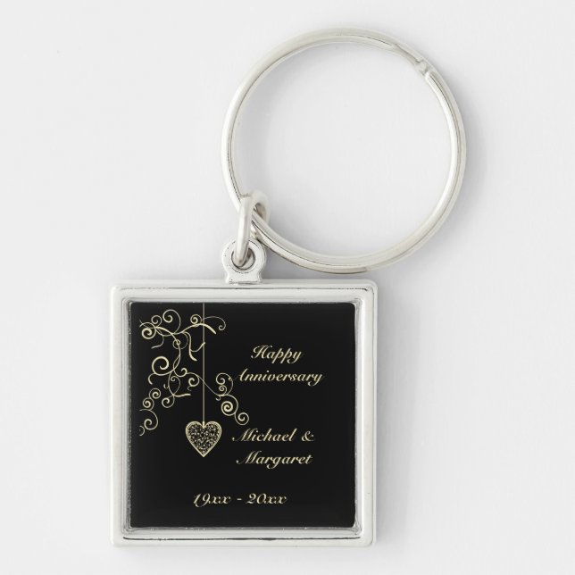 Guld- elegant hjärtabröllopsdag Keychain Fyrkantig Silverfärgad Nyckelring (Framsidan)