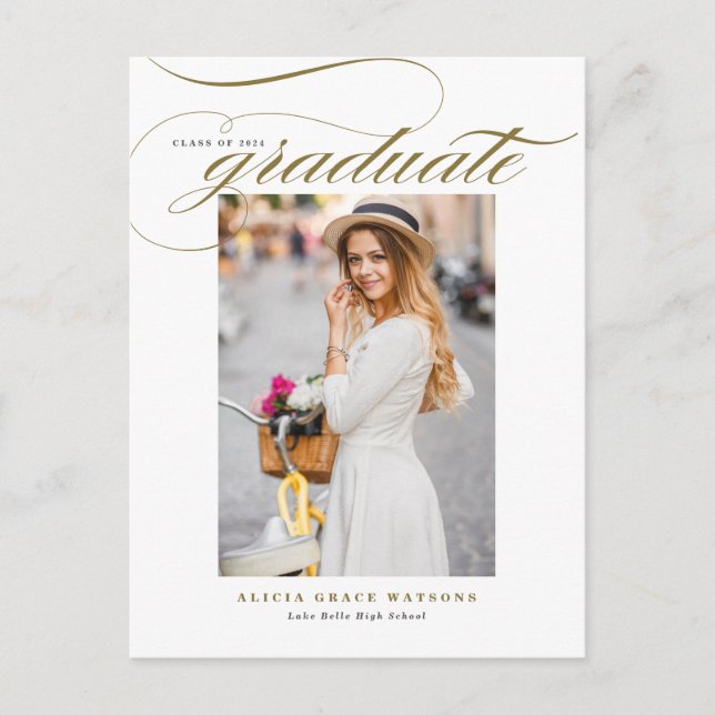 Guld Elegant Kalligrafi Foto Examen Inbjudan Vykort (Framsida)