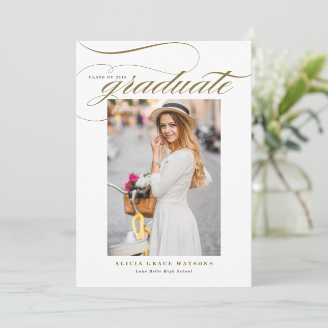 Guld Elegant Kalligrafi Foto Examen Inbjudningar (Stående Fram)