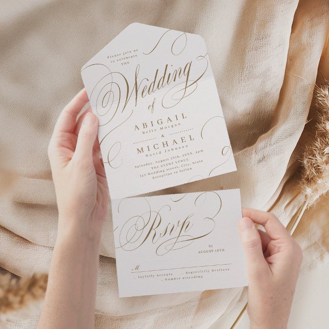 Guld elegant, klassisk kalligrafi vintage bröllop (Gold elegant classic calligraphy vintage wedding all in one invitation)