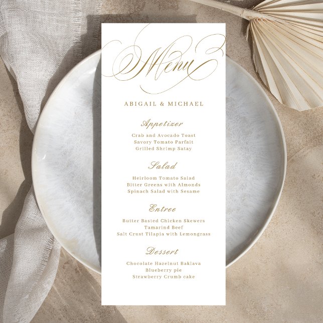 Guld elegant, klassisk kalligrafi vintage bröllop meny (Gold elegant classic calligraphy vintage wedding menu)