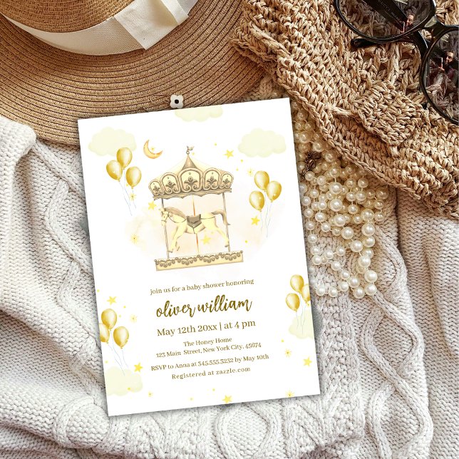 Guld Elegant Magic Balloon Carousel Baby Shower Inbjudningar (Gold Elegant Magical Balloon Carousel Baby Shower Invitation)