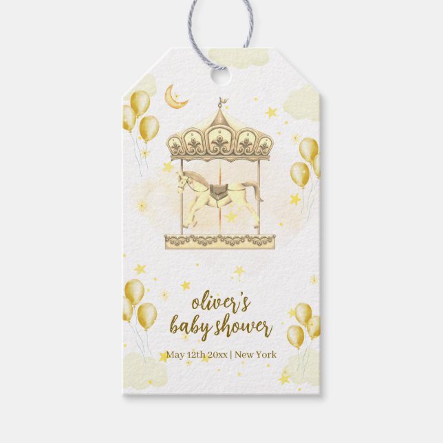 Guld Elegant Magic Balloon Carousel Baby Shower Presentetikett (Framsidan)