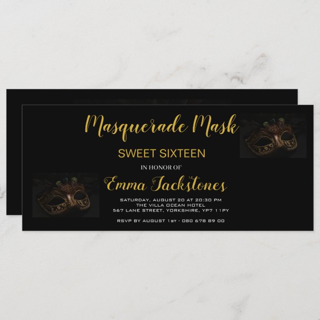 Guld Elegant Masqueramasktema Sweet sixteen Inbjudningar (Fram/baksida)