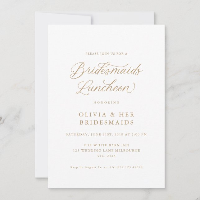 Guld Elegant Modern Script Bridesmaids Luncheon Inbjudningar (Framsida)