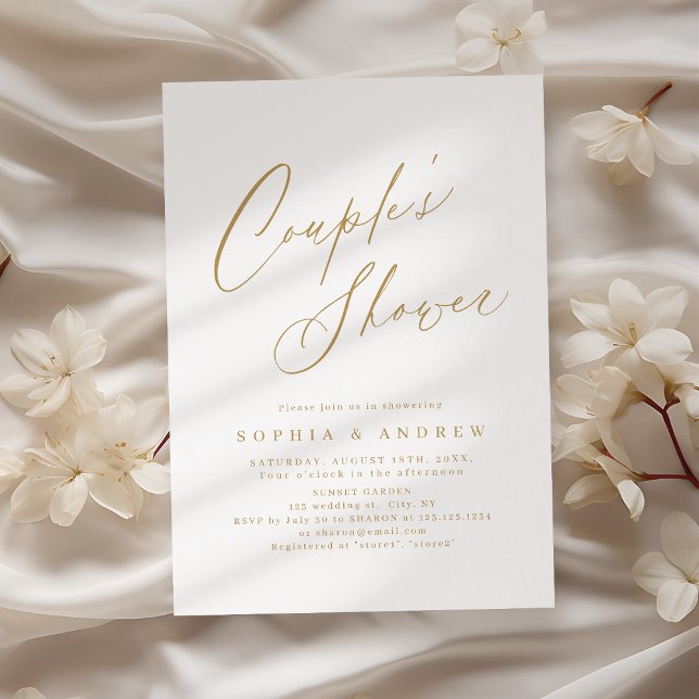 Guld elegant, modernt skript med minimal dusch av  inbjudningar (Gold elegant modern script minimal couples shower invitation)