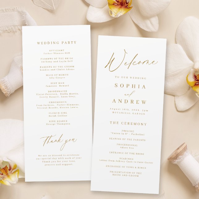 Guld elegant, modernt skript, minimalistiskt bröll program (Gold elegant modern script minimalist wedding program)