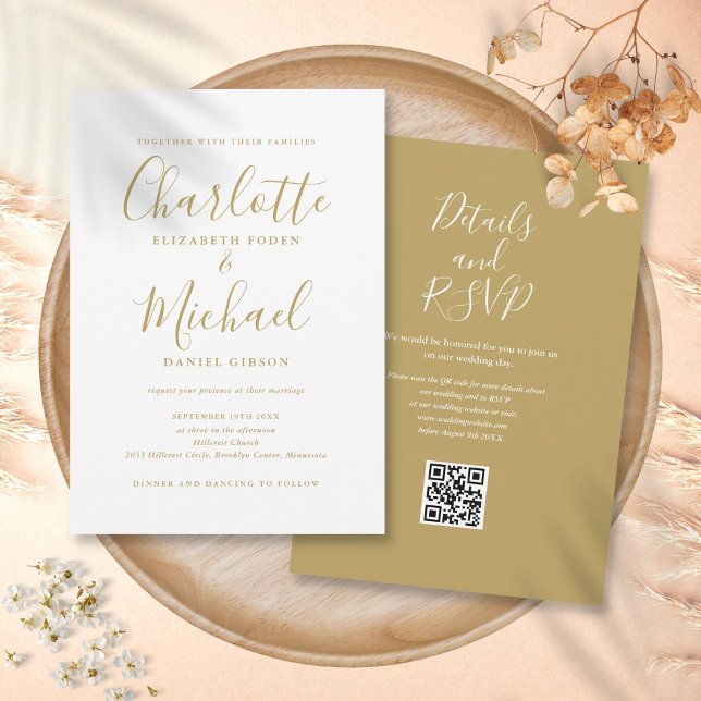 Guld Elegant Modernt Skript QR-kod Bröllop Inbjudningar (Gold Elegant Modern Script QR Code Wedding Invitation)