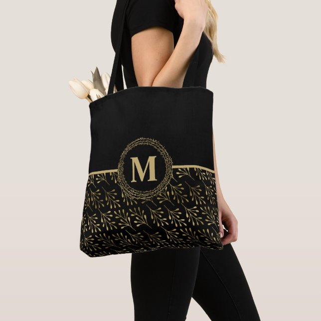 Guld Elegant #Monogram & Golden Löv Mönster Black Tygkasse (Närbild)