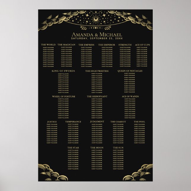 Guld Elegant Mystisk Tarot Bröllopsplatskarta Poster (Framsidan)