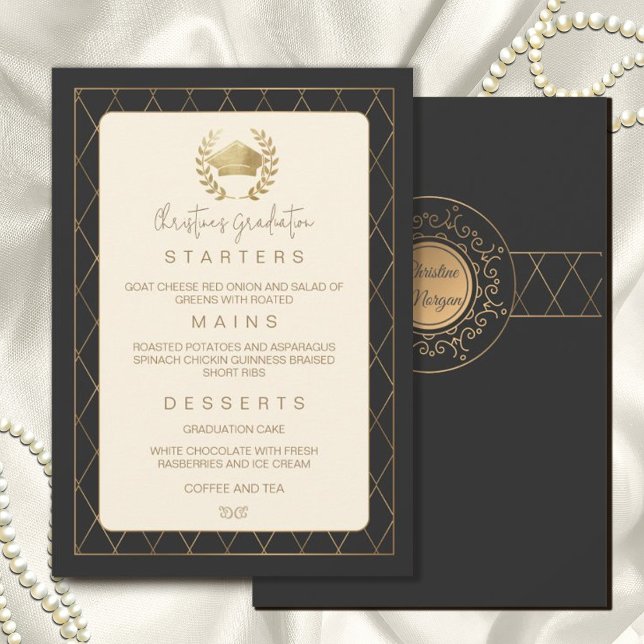 Guld Elegant Ornate Romantic Dinner Studenten Inbjudningar (#graduation #graduationdinner #gradparty #zazzleinvitation #classic #vintage #gold #cap #capgrad)