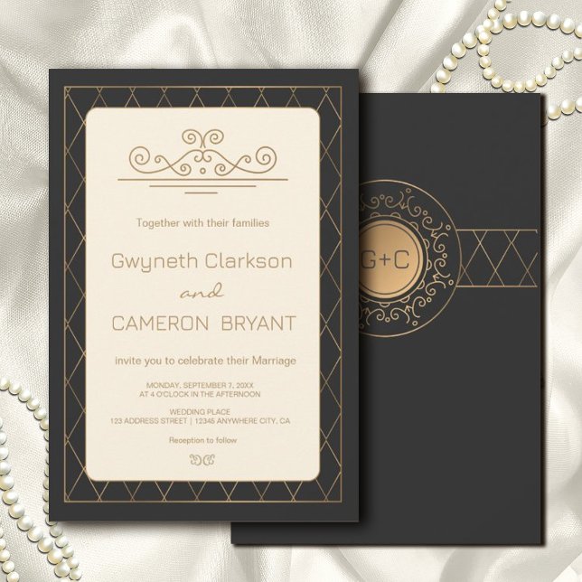 Guld Elegant Ornate Romantic Vintage bröllop Inbjudningar (#zazzlemade #blackandgold #classsicinvitation #partyinvitation #artdecotraditionalinvitation)