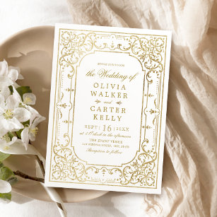Guld elegant ornerar romantiskt vintage bröllop inbjudningar