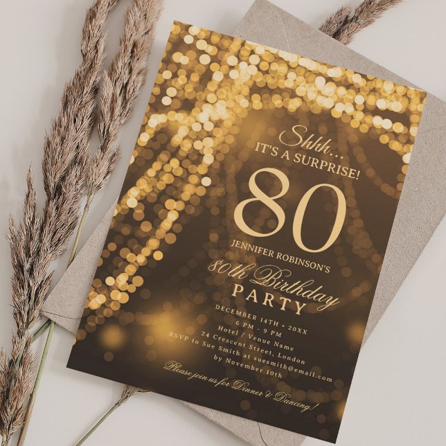 Guld | Elegant Överraskning 80-årsfirande  Inbjudningar (Gold | Elegant Surprise 80th Birthday Party Invitation)
