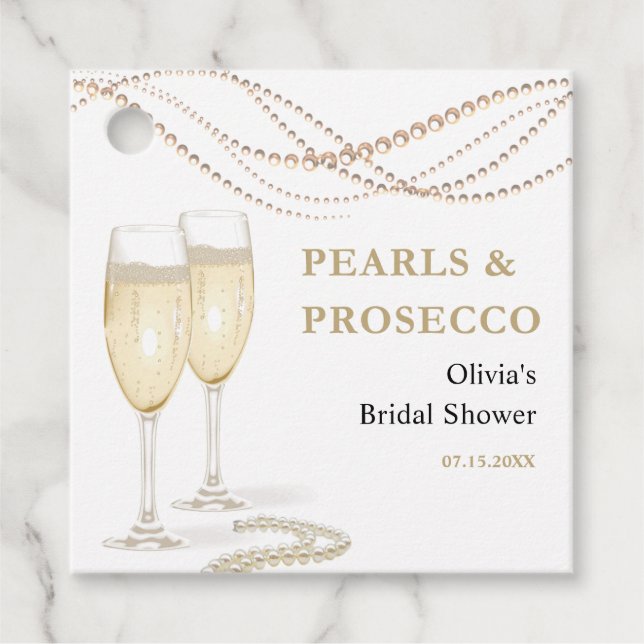 Guld Elegant Pearls och Prosecco Möhippa Gåvor Etiketter (Framsida)
