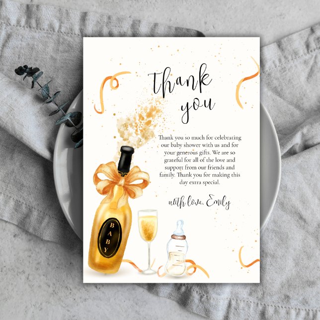 Guld Elegant Poppin Flaskor Champagne Babykläder Tack Kort (Gold Elegant Poppin Bottles Champagne Baby Shower Thank You Card)