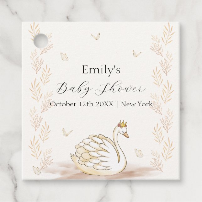 Guld Elegant Princess Svan Butterfly Baby Shower Gåvor Etiketter (Framsida)