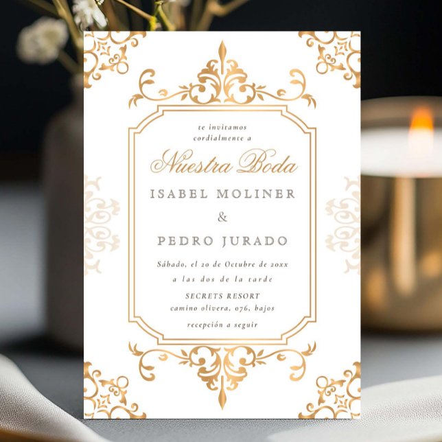 Guld Elegant Prydnad Vintage Nuestra Boda Bröllop Inbjudningar (Skapare uppladdad)