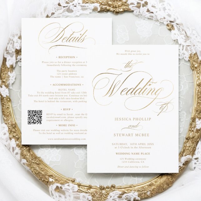 Guld elegant Qr alla i en kalligrafi bröllop Inbjudningar (Gold elegant Qr all in one calligraphy wedding Invitation)